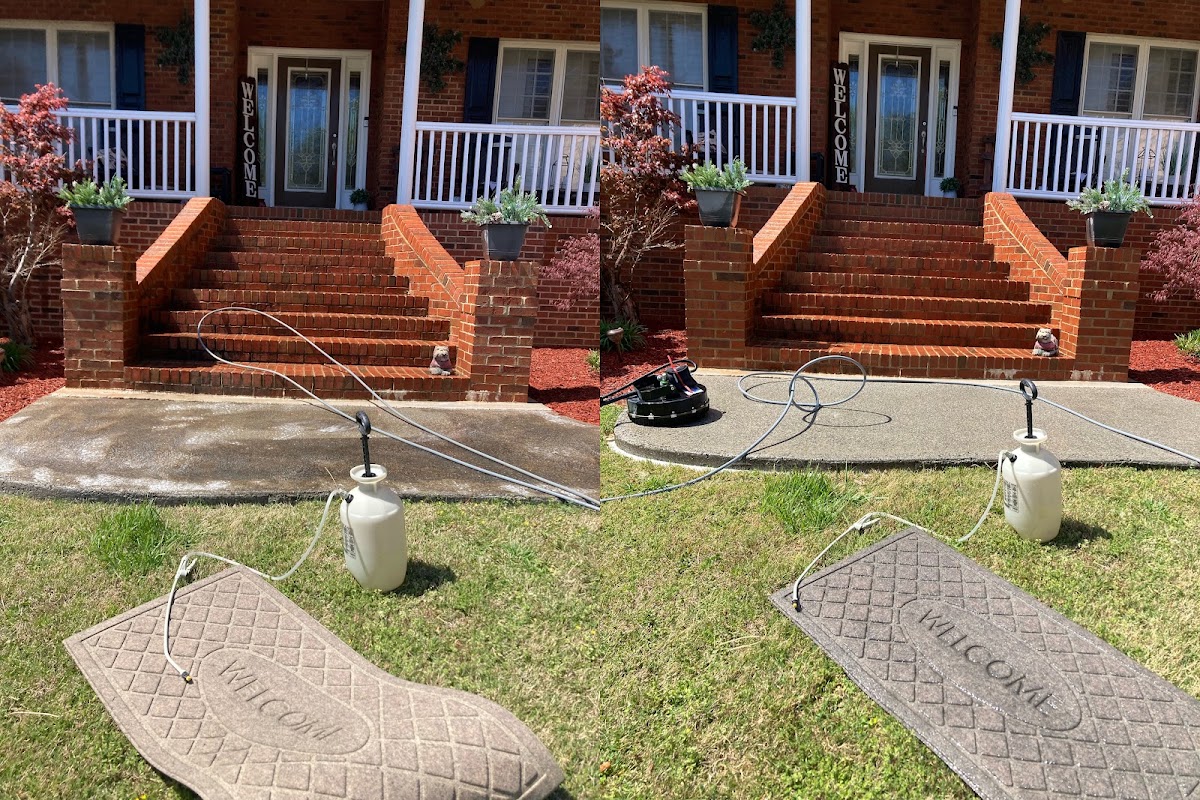 Brick porch steps being cleaned with a surface cleaner