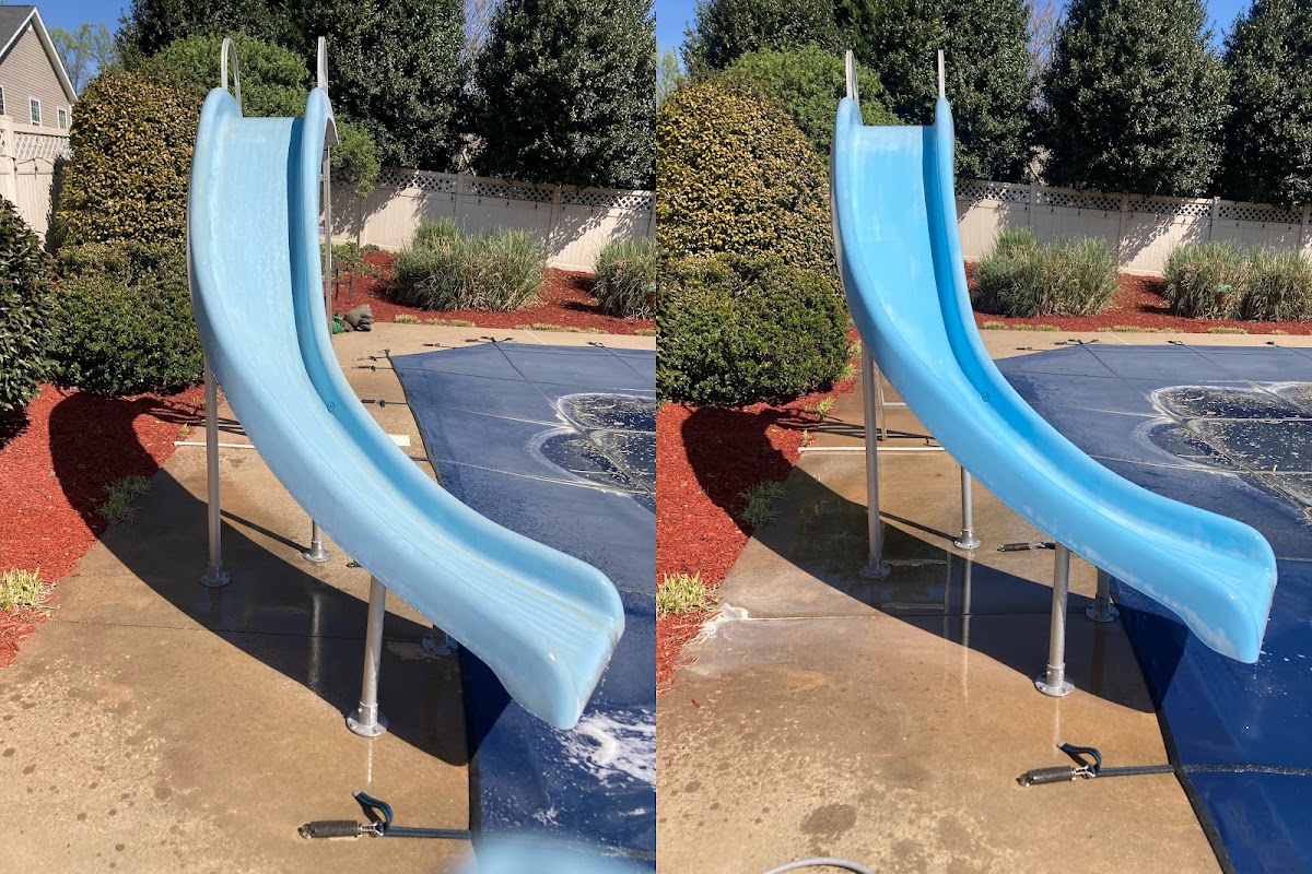 Pool slide shown half cleaned, before and after